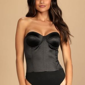 Lulu’s Black Satin Strapless Bustier Bodysuit